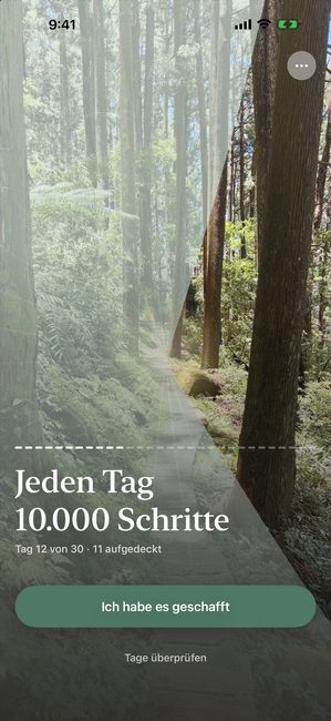 Dieselbe Reise an Tag 12 von 30, das Waldfoto etwa zu einem Drittel aufgedeckt in blütenförmigen Stücken.