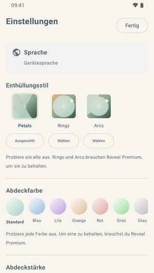 Der Einstellungsbildschirm zeigt die Reveal-Stile, eine Reihe von sieben Abdeckfarben, und einen Schieberegler für die Abdeckstärke.