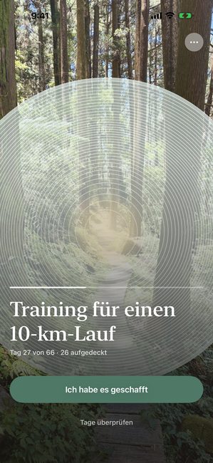 Eine Reise namens Training für einen 10K, Tag 27 von 66, ein Waldfoto teilweise aufgedeckt in konzentrischen Ringen.