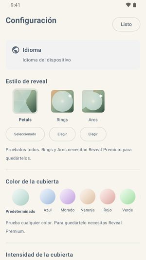 La pantalla de Configuración mostrando los estilos de reveal, una fila de siete colores de cubierta, y un control deslizante de intensidad de cubierta.