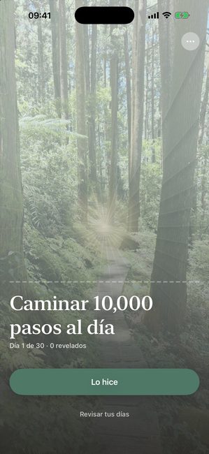 La app Reveal the Dream mostrando una foto de bosque completamente cubierta en el día uno de un viaje de treinta días para llegar a 10 000 pasos al día.