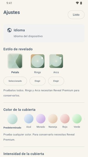 La pantalla de Ajustes mostrando los estilos de reveal, una fila de siete colores de cubierta, y un control deslizante de intensidad de cubierta.