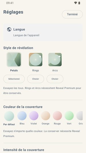 L'écran des réglages affichant les styles de révélation, une rangée de sept couleurs de voile, et un curseur d'intensité du voile.