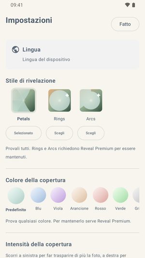 La schermata Impostazioni che mostra gli stili di rivelazione, una riga di sette colori di copertura, e un cursore per l'intensità della copertura.
