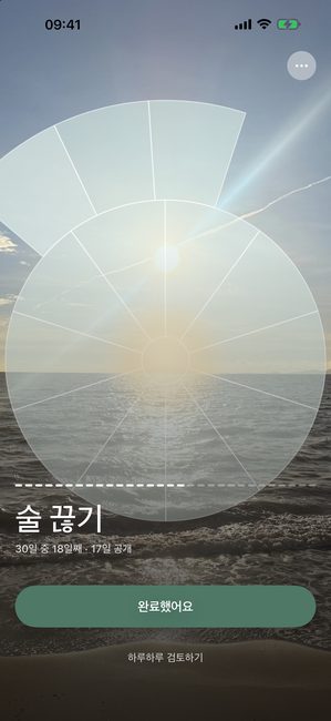 30일간의 금주 여정의 18일차, 호 모양 조각들로 부분 공개된 바다 사진을 보여주는 앱 화면이에요.
