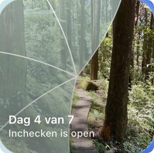De widget van Reveal the Dream op het beginscherm, met een deels onthuld bospad en het label Dag 4 van 7, check-in open.