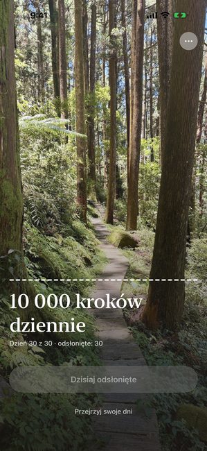 Aplikacja ze zdjęciem lasu całkowicie odsłoniętym w ostatnim dniu trzydziestodniowej podróży.