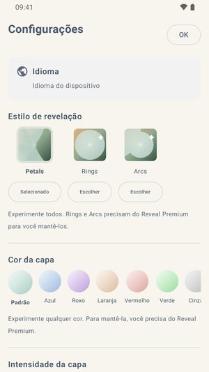 A tela de Configurações mostrando os estilos de revelação, uma fileira de sete cores de cobertura e um controle de intensidade da cobertura.