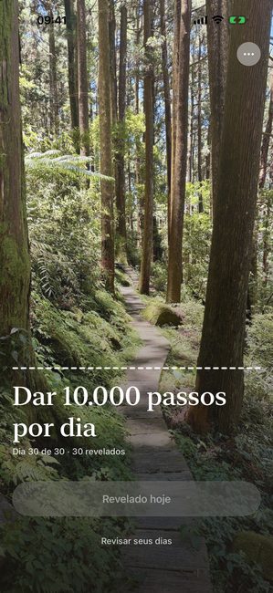 O app mostrando a foto da floresta totalmente revelada no último dia de uma jornada de trinta dias.
