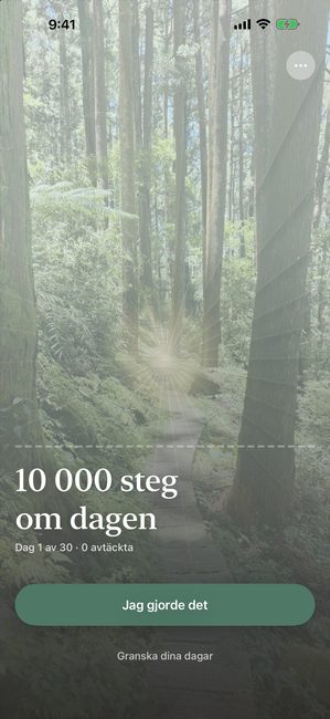Reveal the Dream-appen med ett skogsfoto helt täckt på dag ett av en resa på trettio dagar mot 10 000 steg om dagen.