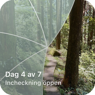 Reveal the Dreams hemskärmswidget, med en delvis avtäckt skogsstig och etiketten ”Dag 4 av 7, incheckningen öppen”.