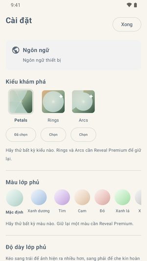 Màn hình Cài đặt hiện các kiểu hé lộ, một hàng bảy màu lớp phủ, và thanh trượt độ đậm lớp phủ.