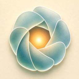 Reveal the Dream app icon: a sage and teal petal rosette wrapped around a glowing amber core, on a warm cream ground.