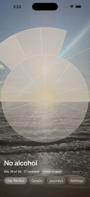 A journey called No alcohol, day 18 of 30, a photograph of the sea partly uncovered in arc segments.