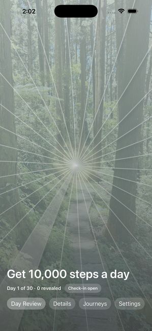 The app on day 1 of 30 of a journey called Get 10,000 steps a day. A forest photograph is completely covered by a pale petal pattern.