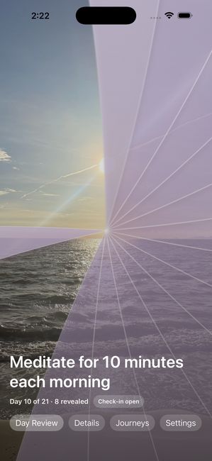 A journey called Meditate for 10 minutes each morning, day 10 of 21, a sunset photograph partly uncovered under a purple cover.