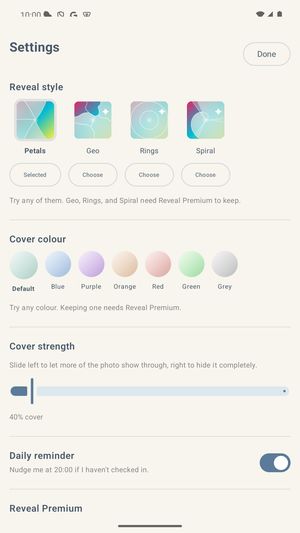 The Settings screen showing four reveal styles named Petals, Geo, Rings and Arcs, a row of seven cover colors, and a cover strength slider.