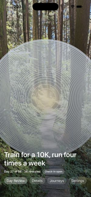 A journey called Train for a 10K, day 27 of 66, a woodland photograph partly uncovered in concentric rings.
