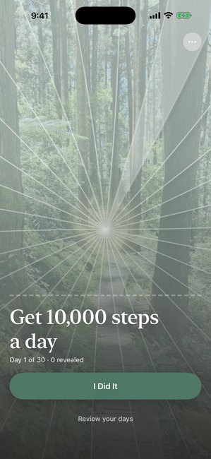 The Reveal the Dream app showing a forest photo fully covered on day one of a thirty day journey to get 10,000 steps a day.