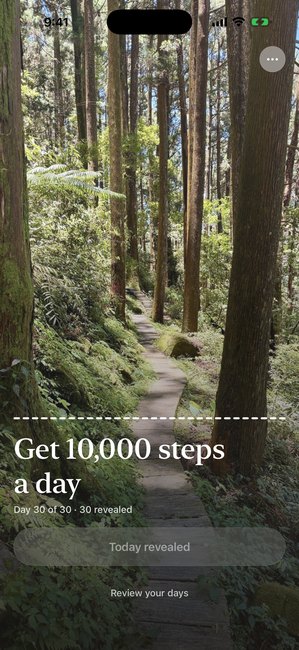 The app showing the forest photo completely uncovered on the final day of a thirty day journey.