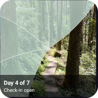 The Reveal the Dream home screen widget, showing a partly uncovered forest path and the label "Day 4 of 7, check-in open".